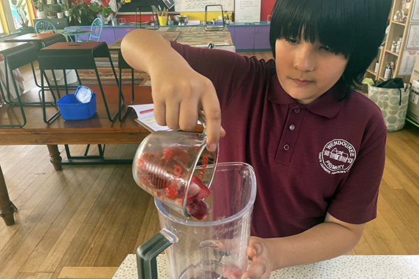 Students making a smoothie with berries
