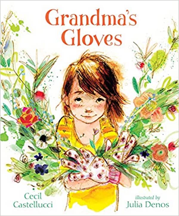 Illustration of small child among greenery with text, Grandma's Gloves